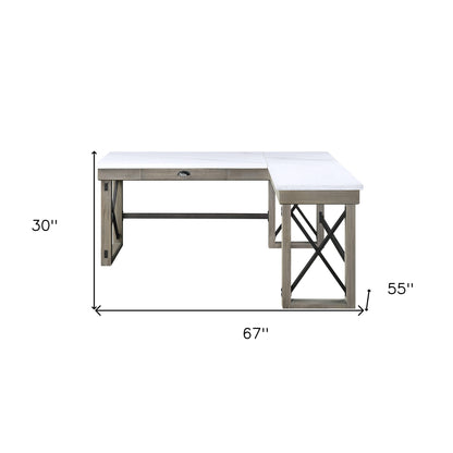 67" White and Brown Marble L Shape Writing Desk