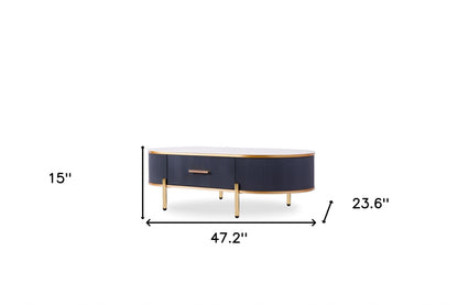 Table basse ovale en pierre blanche et dorée et acier inoxydable de 47 po avec tiroir