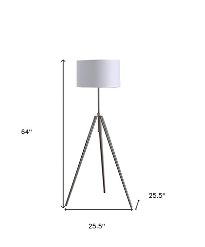 64" Chrome Adjustable Tripod Floor Lamp With White Shade