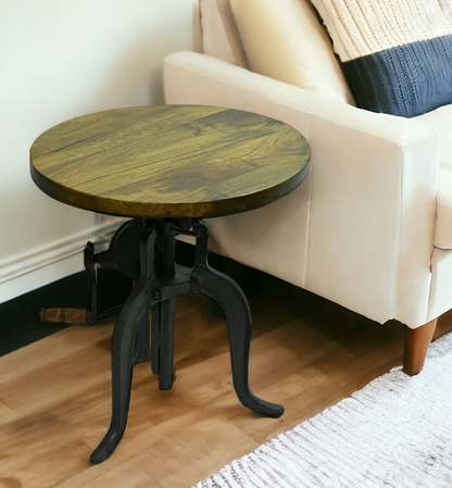 19" Industrial And Oak Solid Wood Round End Table