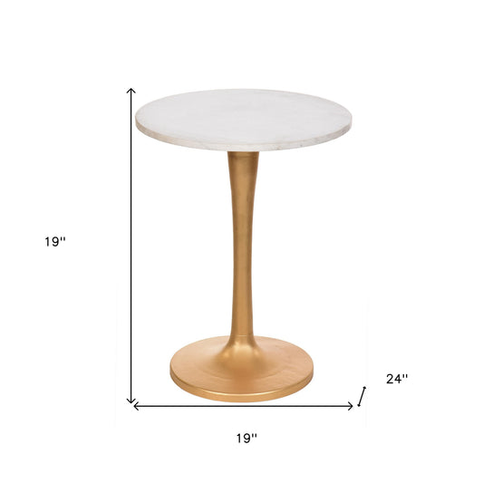 19" Gold And White Marble Round End Table