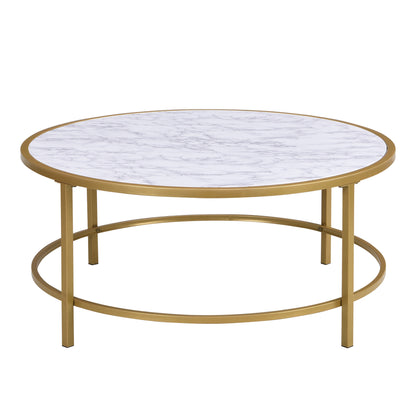 Table basse ronde en faux marbre et métal blanc et doré de 36 po