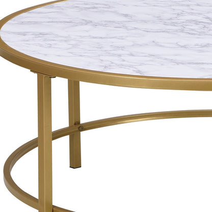 Table basse ronde en faux marbre et métal blanc et doré de 36 po