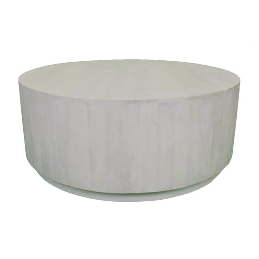 Table basse ronde rustique en bois massif blanc vieilli de 42 po