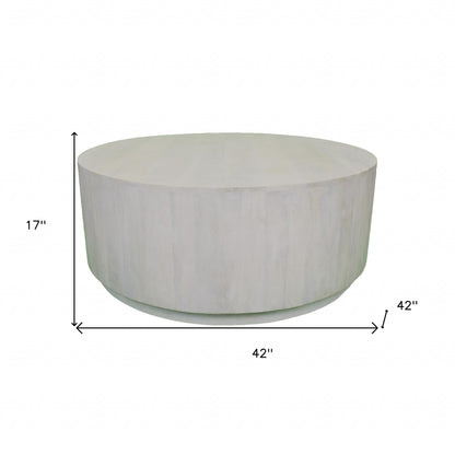 Table basse ronde rustique en bois massif blanc vieilli de 42 po