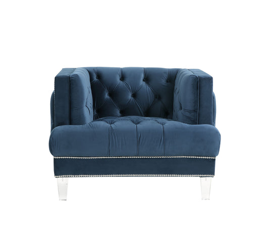 Fauteuil capitonné noir et velours bleu de 41 po