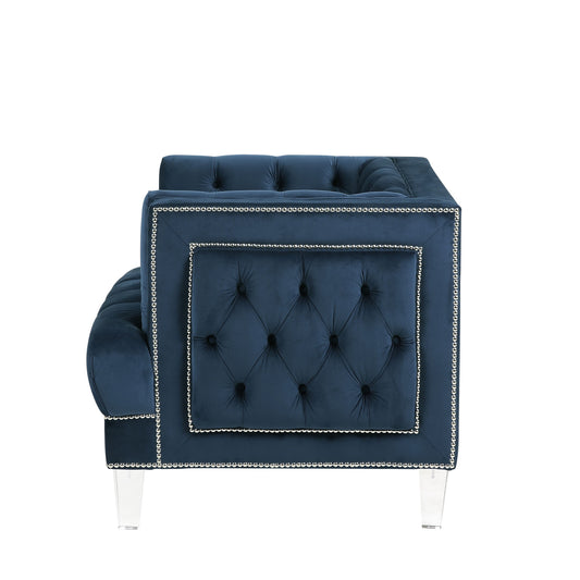 Fauteuil capitonné noir et velours bleu de 41 po