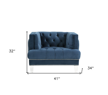 Fauteuil capitonné noir et velours bleu de 41 po