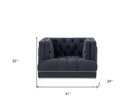 Fauteuil capitonné en velours anthracite et noir de 41 po