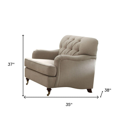 Fauteuil capitonné en tissu beige et brun foncé de 35 po