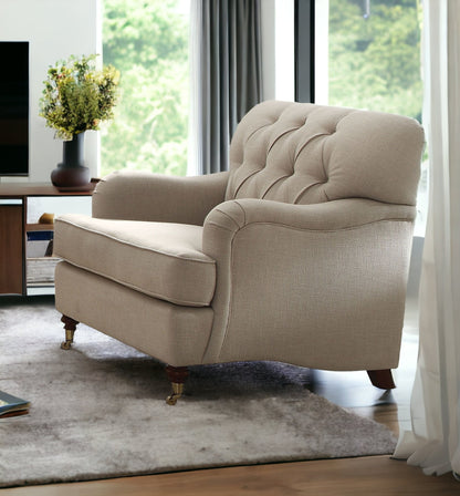 Fauteuil capitonné en tissu beige et brun foncé de 35 po