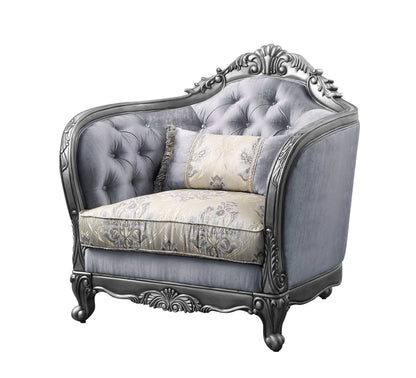 Fauteuil capitonné en tissu gris clair et motif floral platine de 43 po