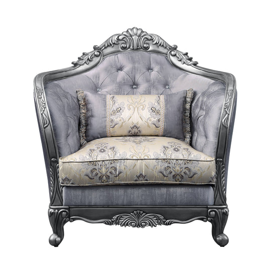 Fauteuil capitonné en tissu gris clair et motif floral platine de 43 po