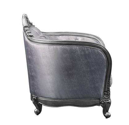 Fauteuil capitonné en tissu gris clair et motif floral platine de 43 po