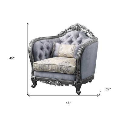 Fauteuil capitonné en tissu gris clair et motif floral platine de 43 po