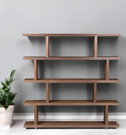 63" Natural and Brown Wood Five Tier Bookcase