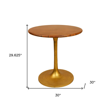 30" Brown And Gold Rounded Solid Wood And Iron Pedestal Base Dining Table