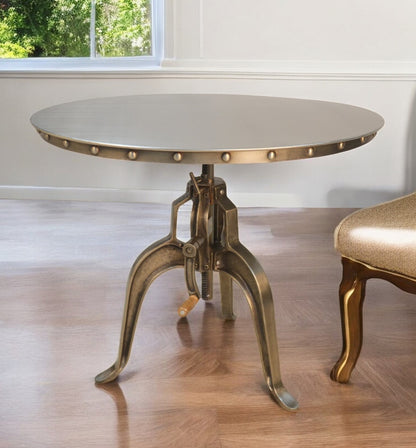 Adjustable Height Antiqued Nickel Three Leg Base Round Top Dining Table