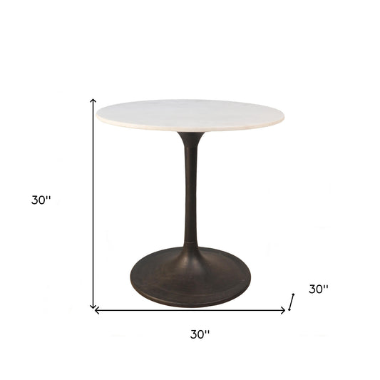 30" White And Black Rounded Marble And Iron Pedestal Base Dining Table