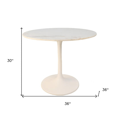 36" White Rounded Marble And Iron Pedestal Base Dining Table