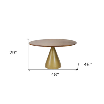 Table à manger ronde en bois massif et fer de 48 po, brun et doré