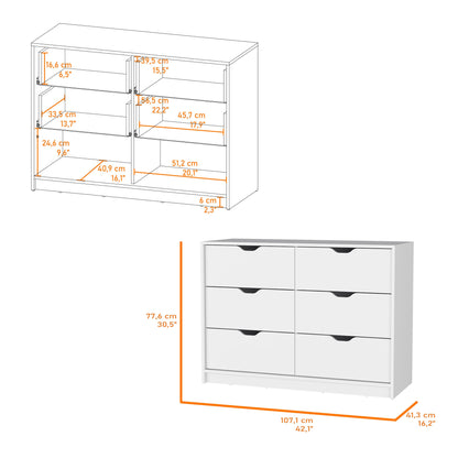 Commode moderne à six tiroirs en bois blanc manufacturé de 42 po