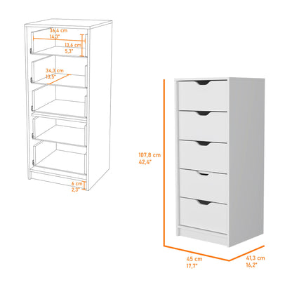 Commode étroite à cinq tiroirs en bois manufacturé blanc de 18 po