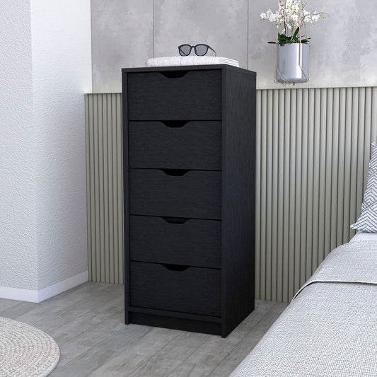 Commode étroite à cinq tiroirs en bois manufacturé noir de 18 po