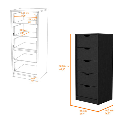 Commode étroite à cinq tiroirs en bois manufacturé noir de 18 po