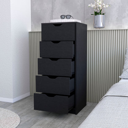 Commode étroite à cinq tiroirs en bois manufacturé noir de 18 po