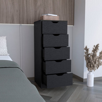 Commode haute et étroite à cinq tiroirs en bois manufacturé noir anthracite de 18 po