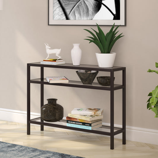 42" Clear and Black Glass Console Table With Shelves