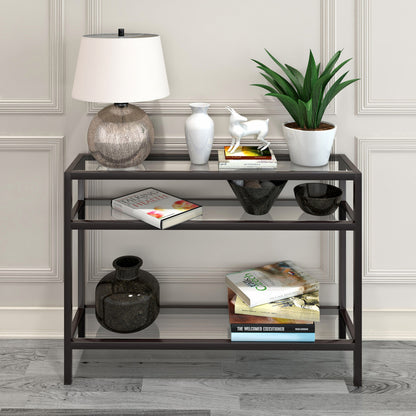 42" Clear and Black Glass Console Table With Shelves