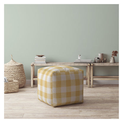 17" Yellow and White Canvas Gingham Pouf Ottoman