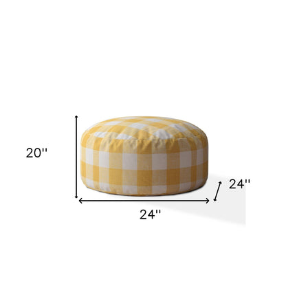 24" Yellow and White Canvas Round Gingham Pouf Ottoman