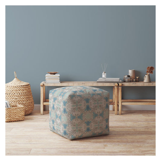 Pouf ottoman en coton bleu Ikat de 17 po