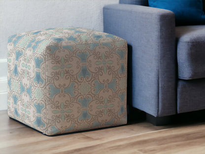 Pouf ottoman en coton bleu Ikat de 17 po