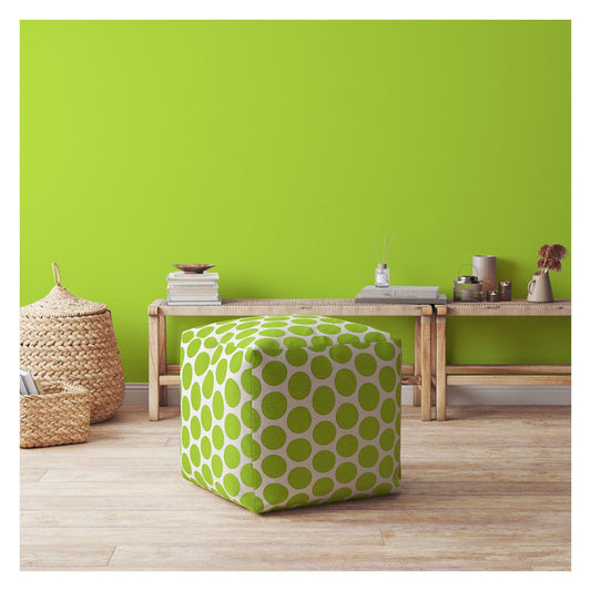 Pouf ottoman à pois en coton vert et blanc de 17 po