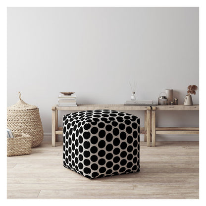 Pouf ottoman à pois en coton noir et blanc de 17 po