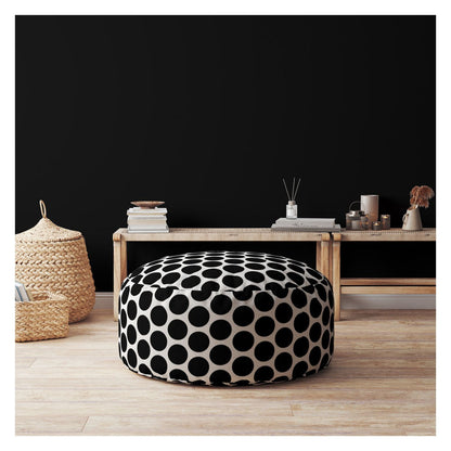 Pouf rond à pois en coton noir et blanc de 24 po