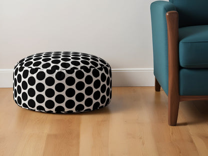 Pouf rond à pois en coton noir et blanc de 24 po