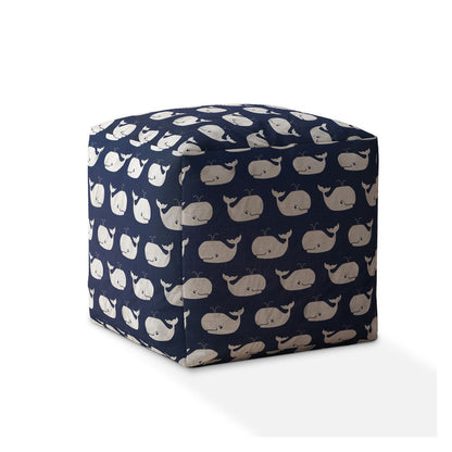 Pouf ottoman à imprimé animal en sergé bleu et blanc de 17 po