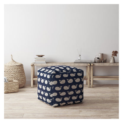 Pouf ottoman à imprimé animal en sergé bleu et blanc de 17 po