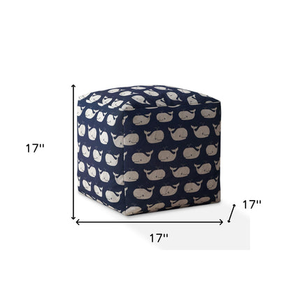 Pouf ottoman à imprimé animal en sergé bleu et blanc de 17 po