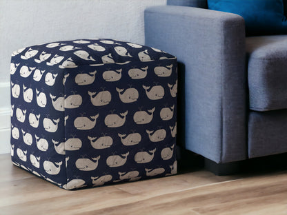 Pouf ottoman à imprimé animal en sergé bleu et blanc de 17 po