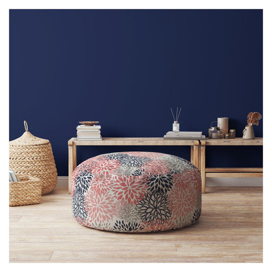 24" Coral Polyester Round Floral Pouf Ottoman