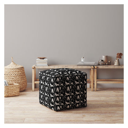 17" Black Cotton Animal Print Pouf Ottoman