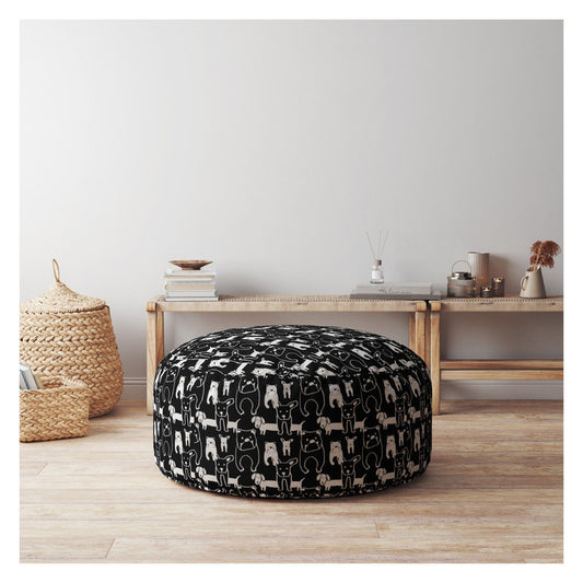 24" Black Cotton Round Animal Print Pouf Ottoman