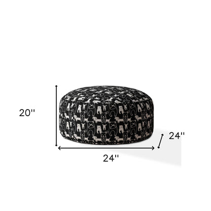 24" Black Cotton Round Animal Print Pouf Ottoman