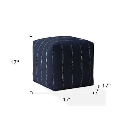 17" Blue Cotton Striped Pouf Ottoman